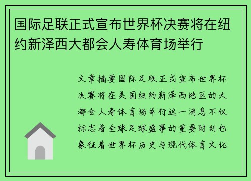 国际足联正式宣布世界杯决赛将在纽约新泽西大都会人寿体育场举行