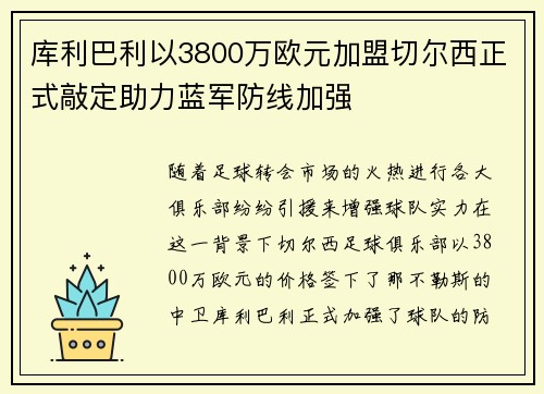库利巴利以3800万欧元加盟切尔西正式敲定助力蓝军防线加强